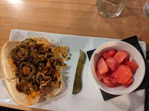 Bahn Mi Brat (vegan), watermelon salad. at Seva - Ann Arbor in Ann Arbor