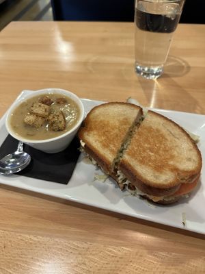 Tempeh Reuben with onion-potato soupp  at Seva - Ann Arbor in Ann Arbor