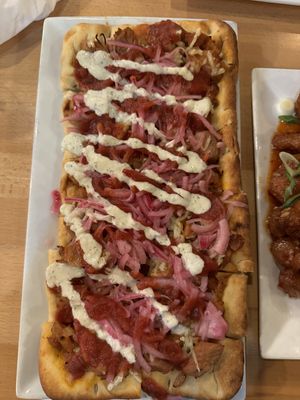Barbecue jackfruit pizza with pickled onions and vegan ranch drizzle    at Seva - Ann Arbor in Ann Arbor