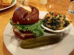 Beyond burger with vegan cheese, peanut & kale salad at Seva - Ann Arbor in Ann Arbor