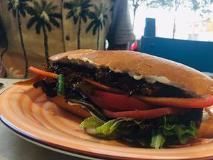 Hanmade chorizo in sandwich at SawaBona Art Café in Amposta