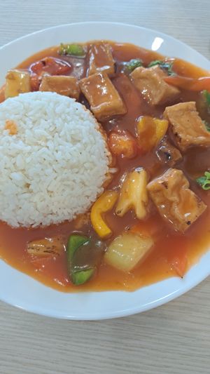 Sweet and sour beancurd with rice at Pey Teik 培德娘惹素食馆 in Taiping