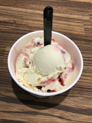 Vegan vanilla, raspberry and honeycomb  at Llanfaes Dairy Ice Cream Bar in Brecon