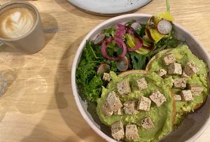 Avo toast and cappuchino with oat milk   at Szimply in Budapest