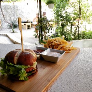 Vegan & Vegetarian option Beyond Burger with your choice of fries (sweet potatoe, truffle & parm or house fries), served with the spicy NOOK mayo (vegan or regular). at Nook in Stari Grad