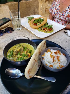 Vegan Thai green curry and the Big O salad. at Nook in Stari Grad