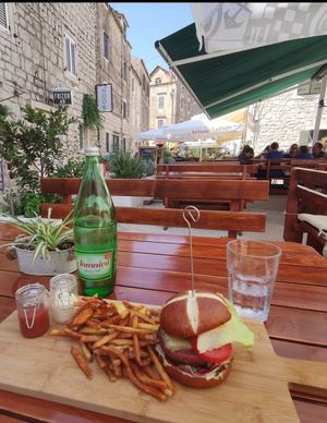 Beyond Burger with vegan mayo and tripple fried house fries at Nook in Stari Grad