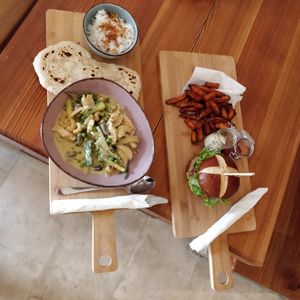 Thai Red Curry and Beyond burger with sweet potato fries at Nook in Stari Grad