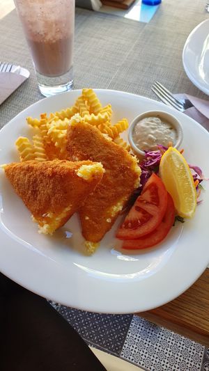 Grilled cheese with fries and sauce tartar at Plant Power in Novi Sad
