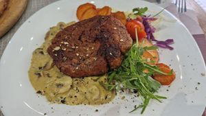 Vegan steak with mushroms and sweet potato at Plant Power in Novi Sad