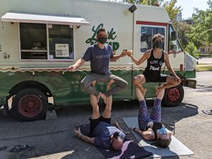 Snacking with acroyoga, featuring the mushroom chorizo burrito. at Lick It Up - Spider House in Austin