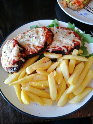 Eggplant parmigiana and chips 👌 at Dfrent Cafe in Victoria Park