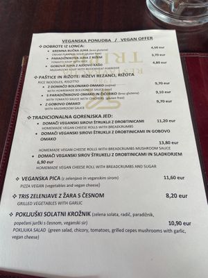 Menu at Hotel Tripič in Radovljica