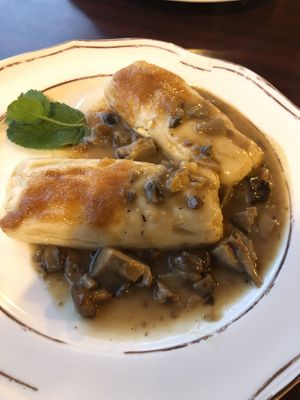 Vegan cheeseroll with breadcrumbs and mushroom sauce  at Hotel Tripič in Radovljica