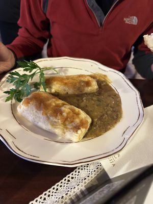 Vegan cheese rolls with mushroom sauce   at Hotel Tripič in Radovljica