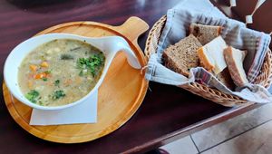 Vegetable stew and bread at Hotel Tripič in Radovljica