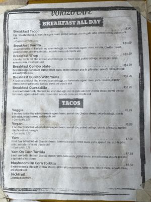 Menu  at Vorizo Cafe in Hornby Island