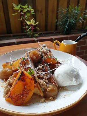 Peach Cobbler Waffles (Vegan) at Mamma Says in Fairfield