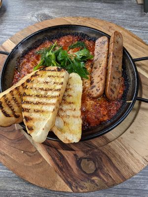 Shakshuka with breakfast sausage at Mamma Says in Fairfield
