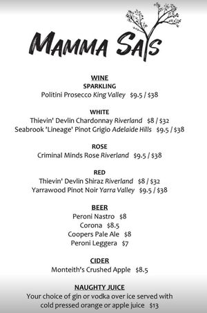 Alcohol menu at Mamma Says in Fairfield