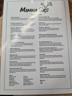 Menu, so plant based at Mamma Says in Fairfield
