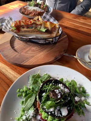 front to back: hash stack, hot dog, lasagna at Mamma Says in Fairfield