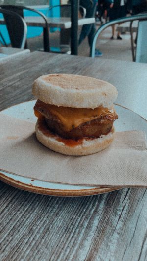 Vegan Egg, hashbrown and cheese muffin.  at Mamma Says in Fairfield