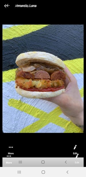 Vegan sausage, hash and onion jam breakfast muffin at Mamma Says in Fairfield