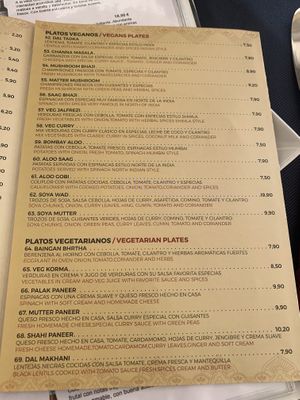Menu, vegan and vegetarian  at Goa in Peniscola