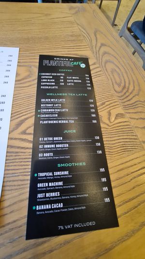 Drinks menu at Plantiful - Plant-based Cafe in Bangkok