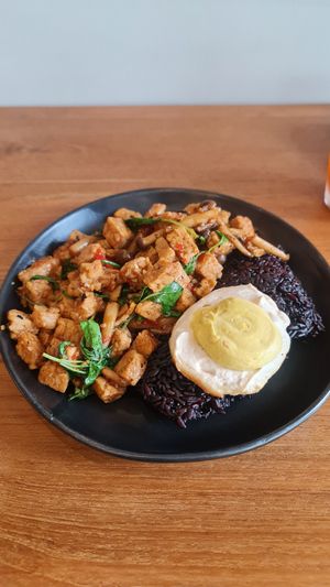 Tempeh Krapraow with a vegan egg. at Plantiful - Plant-based Cafe in Bangkok