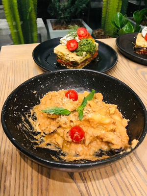 Penne with vodka sauce & Veggie lasagna (both good!) at Plantiful - Plant-based Cafe in Bangkok