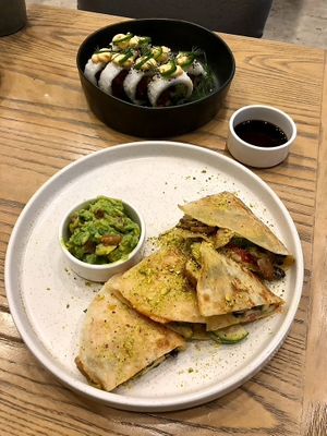 Salmon roll (tasty!) & Southwest quesadilla (very tasty!) at Plantiful - Plant-based Cafe in Bangkok