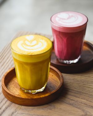 Turmeric Latte and Beetroot Latte at Plantiful - Plant-based Cafe in Bangkok
