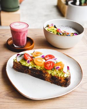 Avocado toast, Coconut Chia Pudding and Beetroot latte at Plantiful - Plant-based Cafe in Bangkok