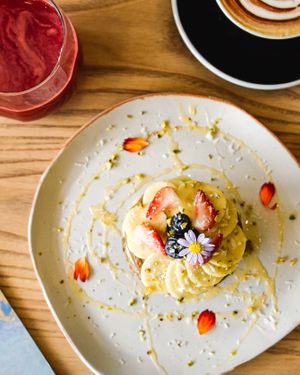 Chia-Banana Pancakes, Almond Milk Cappuccino at Plantiful - Plant-based Cafe in Bangkok