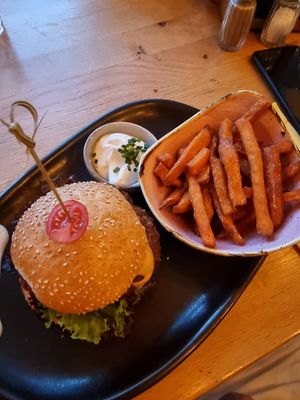 Vegan bean burger with sweet potato fries at Stern in Villach