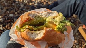 Avocado & chilli jam bagel at Kiosk in Lyme Regis