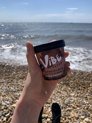 Vegan chocolate salted caramel ice cream  at Kiosk in Lyme Regis