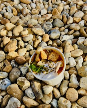 Delicious Spicy lentil dal soup with coconut yoghurt 😊  at Kiosk in Lyme Regis