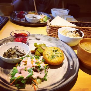 delicious creamy croquette with many veggie sides, soup of the day, and brown rice at Pupu Kitchen and Health Food Shop in Nagoya