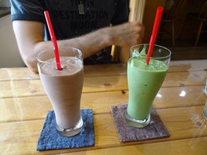 Chocolate and matcha soy ice cream milkshakes at Pupu Kitchen and Health Food Shop in Nagoya