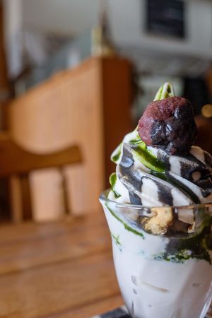 Seasonal special black sesame red bean matcha parfait at Pupu Kitchen and Health Food Shop in Nagoya
