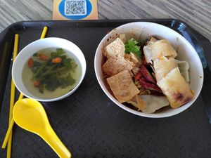 Mala Kolo Noodles with spring roll (tasty and spicy) at Origanics 启点 - Vegetarian - NUS The Deck in Northeast Singapore