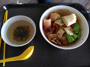 Char Siew Noodles with spring roll (tasty) at Origanics 启点 - Vegetarian - NUS The Deck in Northeast Singapore