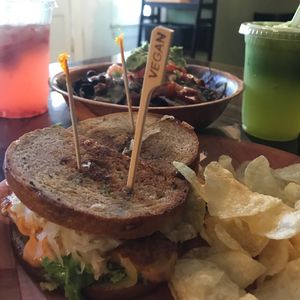vegan Reuben, green juice & a raspberry fresh soda at Mellow Moods Cafe in Shepherdstown