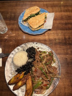 Vegan vaca frita patillo and la playa sandwich  at Cafecito in Chicago