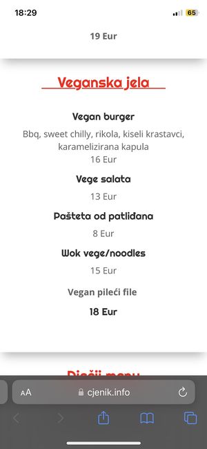 The vegan menu  at Peperoncino in Sibenik