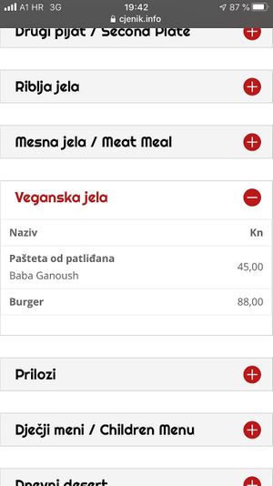 Menu at Peperoncino in Sibenik