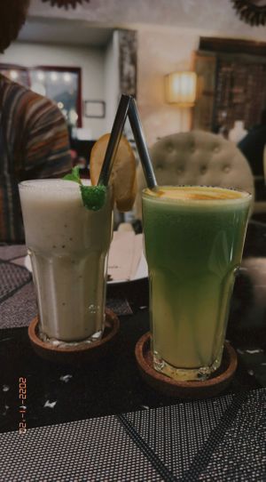 Banana shake (110 THB), Green juice (135 THB)  at Goodsouls Kitchen in Bangkok